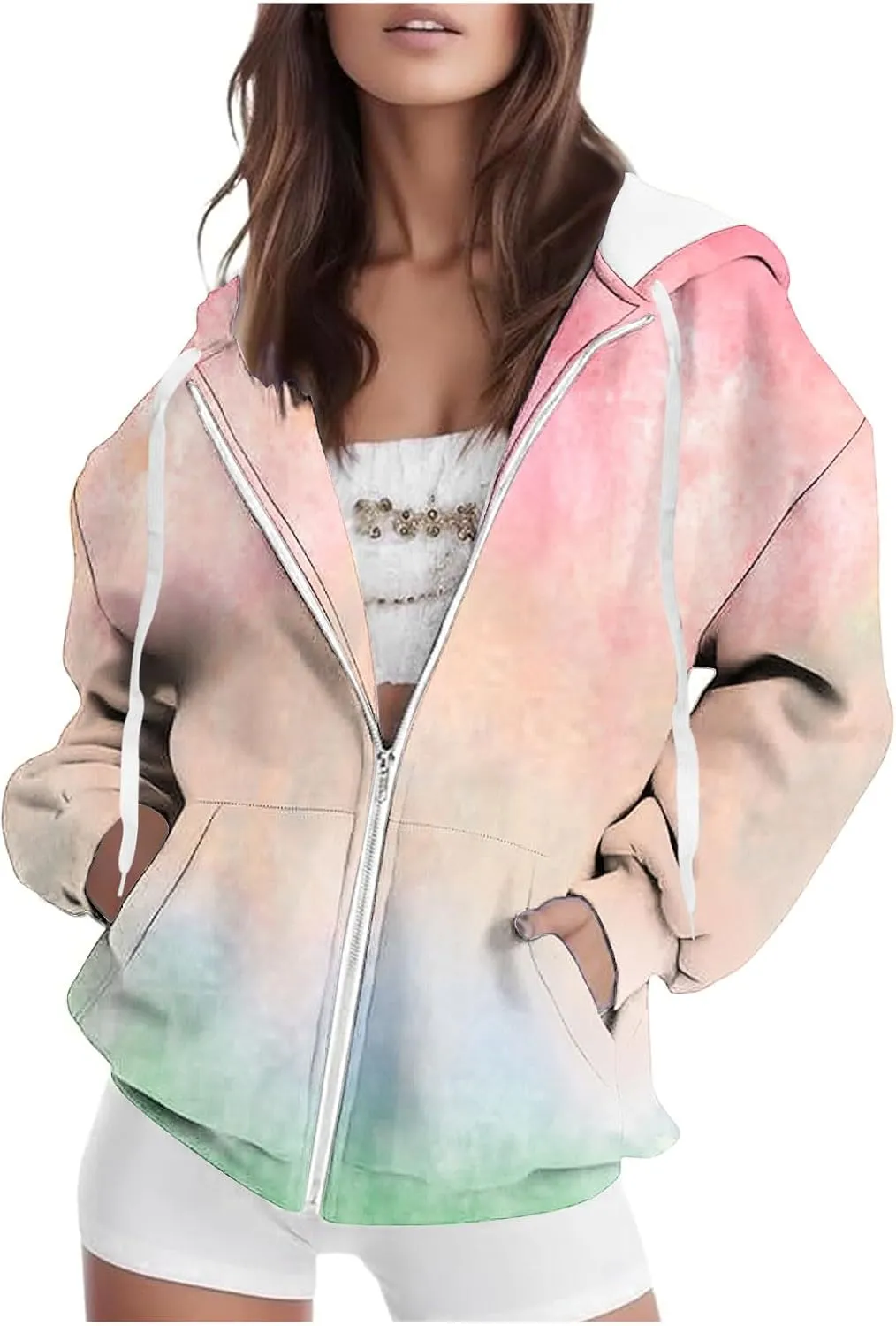 Ombre Pastel Zip Up Hoodie for Women Casual Gradient Color Jacket Drawstring Soft Sweatshirt Spring Fall Cozy Layer
