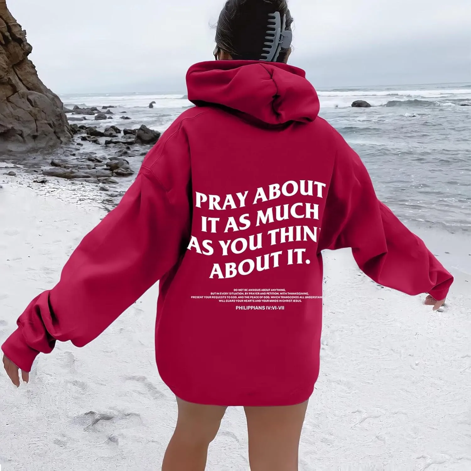 Oversized Hoodies For Women Pray About It As Much As You Think About It Letter Print Pullover Tops With Pocket Fall Winter