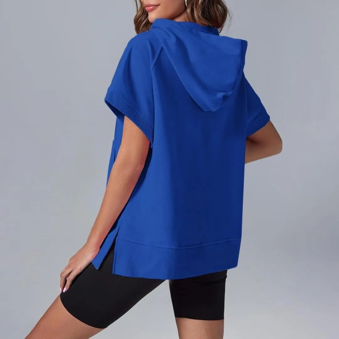 Oversized Hoodies for Women Short Sleeve Half zip Sweatshirt Fleece Loose Fit Pullover