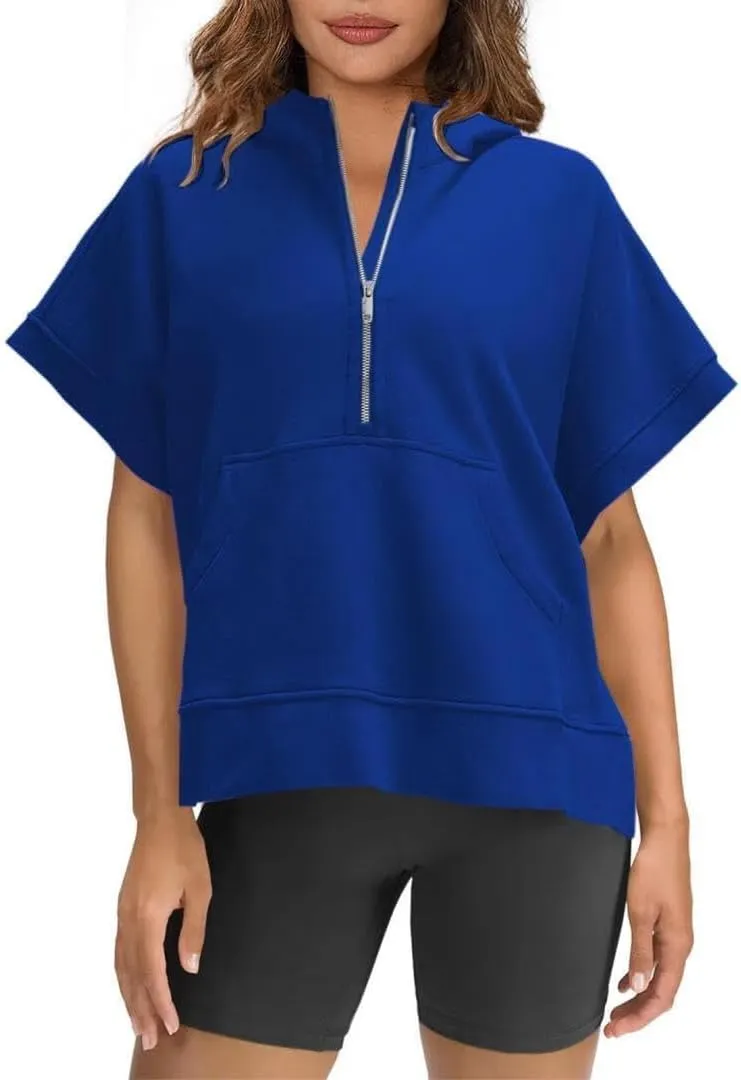 Oversized Hoodies for Women Short Sleeve Half zip Sweatshirt Fleece Loose Fit Pullover