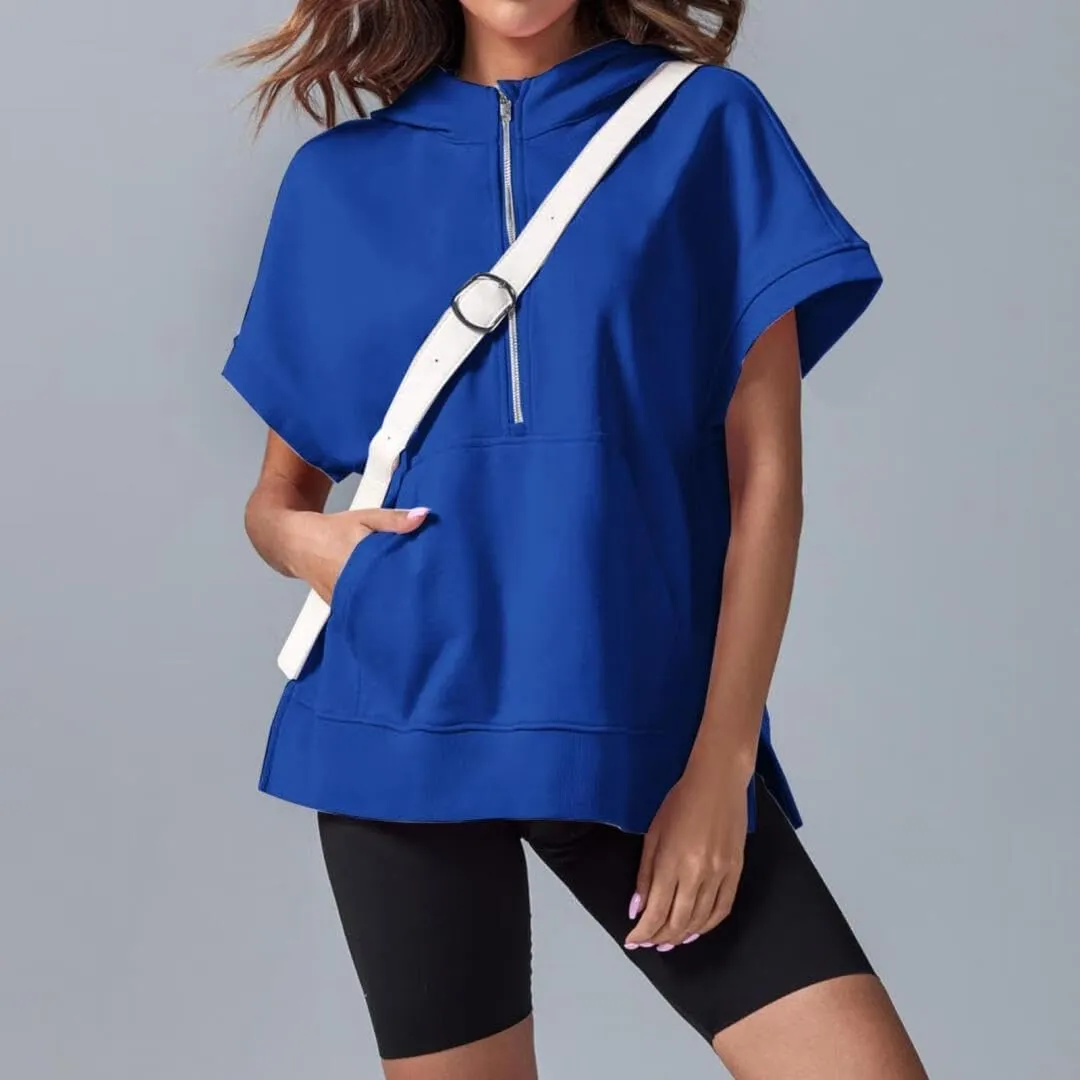 Oversized Hoodies for Women Short Sleeve Half zip Sweatshirt Fleece Loose Fit Pullover