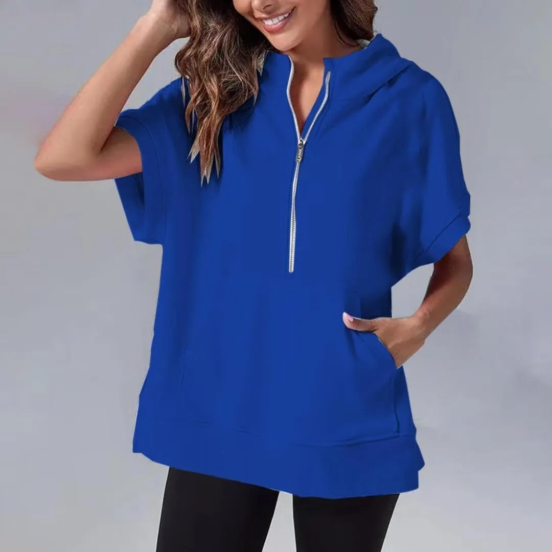 Oversized Hoodies for Women Short Sleeve Half zip Sweatshirt Fleece Loose Fit Pullover
