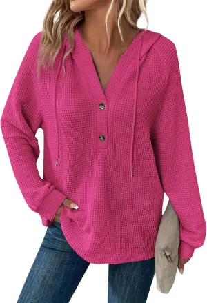Oversized Hoodies for Women Soft V Neck Waffle Knit Hooded Sweatshirt Lightweight Fall Long Sleeve Pullover Sweaters