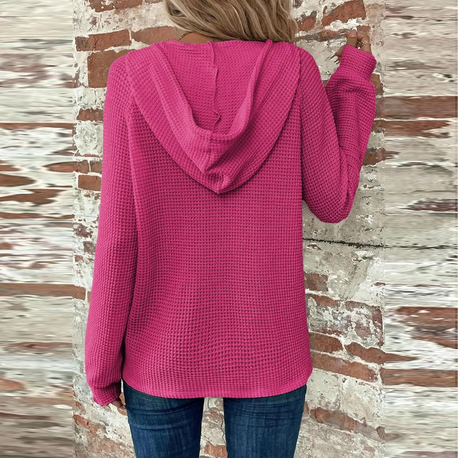 Oversized Hoodies for Women Soft V Neck Waffle Knit Hooded Sweatshirt Lightweight Fall Long Sleeve Pullover Sweaters