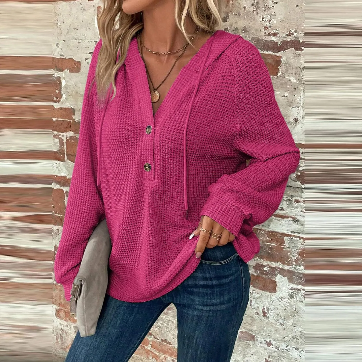 Oversized Hoodies for Women Soft V Neck Waffle Knit Hooded Sweatshirt Lightweight Fall Long Sleeve Pullover Sweaters