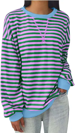 Oversized Striped Hoodie for Women Fashion Loose Fit Drop Shoulder Round Neck Tops Casual Fall Workout Sweatshirts