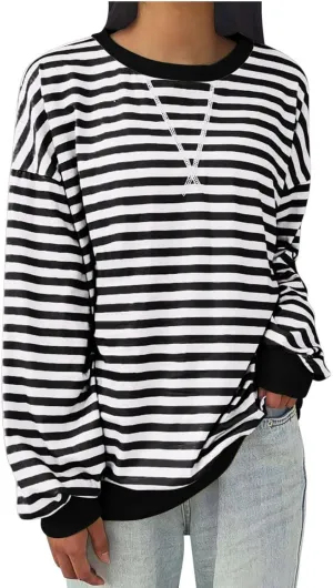 Oversized Striped Hoodie for Women Fashion Loose Fit Drop Shoulder Round Neck Tops Casual Fall Workout Sweatshirts