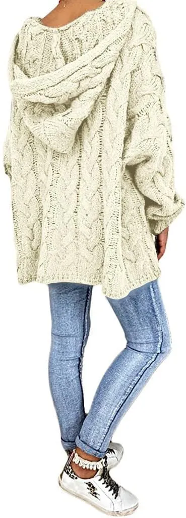 Oversized Sweater for Women, Fashion Chunky Cable Knit Hooded Sweaters Casual V Neck Hoodies Long Sleeve Pullover Tops