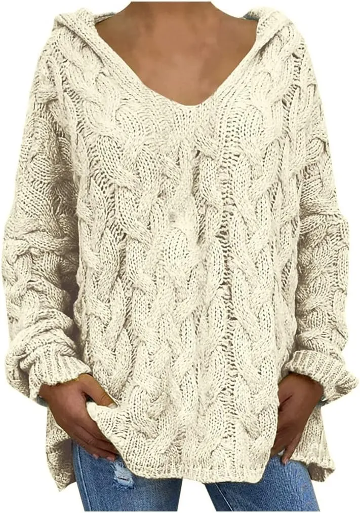 Oversized Sweater for Women, Fashion Chunky Cable Knit Hooded Sweaters Casual V Neck Hoodies Long Sleeve Pullover Tops
