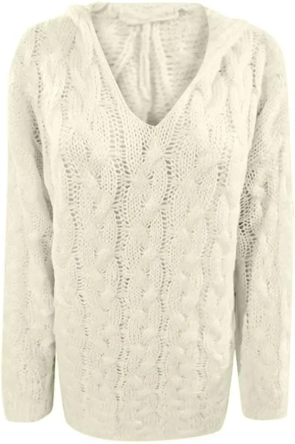 Oversized Sweater for Women, Fashion Chunky Cable Knit Hooded Sweaters Casual V Neck Hoodies Long Sleeve Pullover Tops