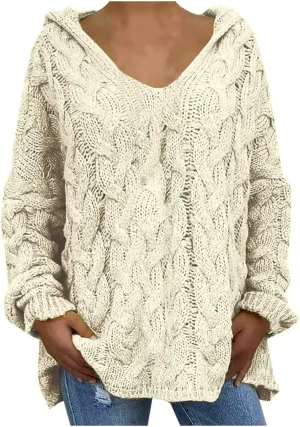 Oversized Sweater for Women, Fashion Chunky Cable Knit Hooded Sweaters Casual V Neck Hoodies Long Sleeve Pullover Tops