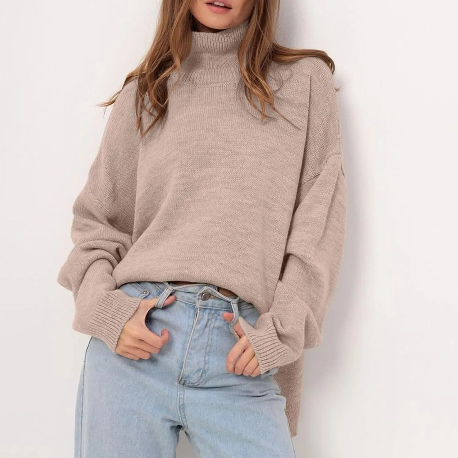 Oversized Sweaters for Women Fall Winter Long Sleeve Turtleneck Knit Pullover Solid Color Casual Loose Fit Jumper Tops