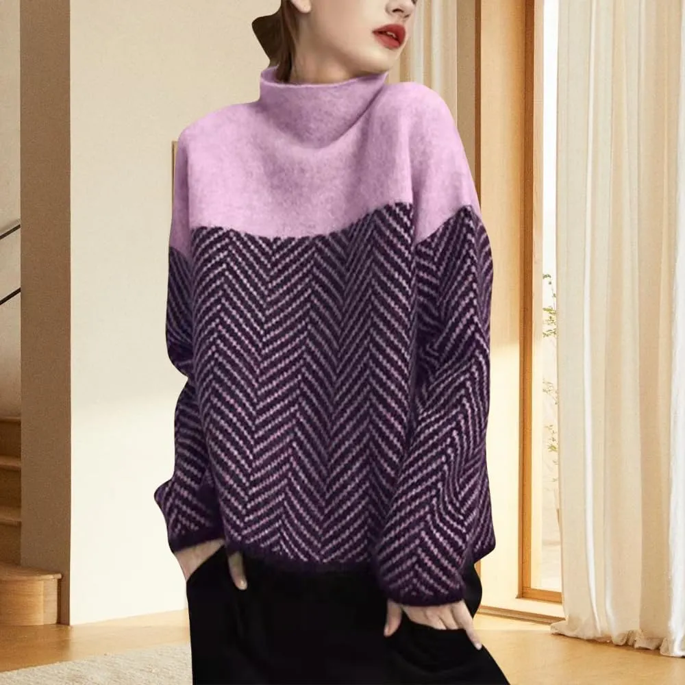 Oversized Sweaters for Womens Turtleneck Long Sleeve Trendy Color Block Sweaters Casual Soft Spring 2025 Pullover Tops