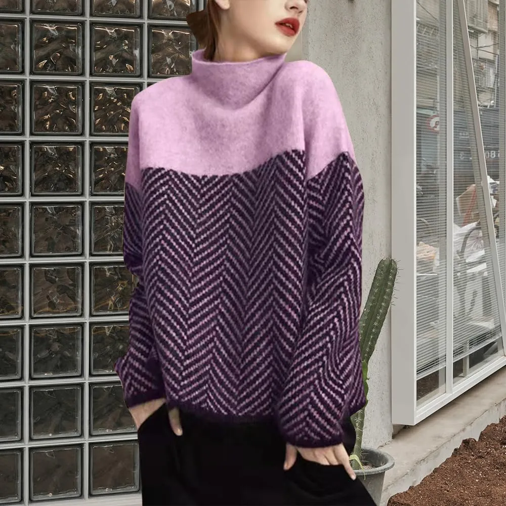 Oversized Sweaters for Womens Turtleneck Long Sleeve Trendy Color Block Sweaters Casual Soft Spring 2025 Pullover Tops