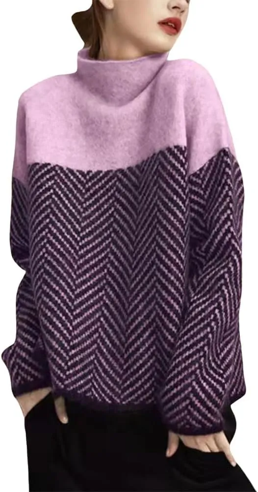 Oversized Sweaters for Womens Turtleneck Long Sleeve Trendy Color Block Sweaters Casual Soft Spring 2025 Pullover Tops