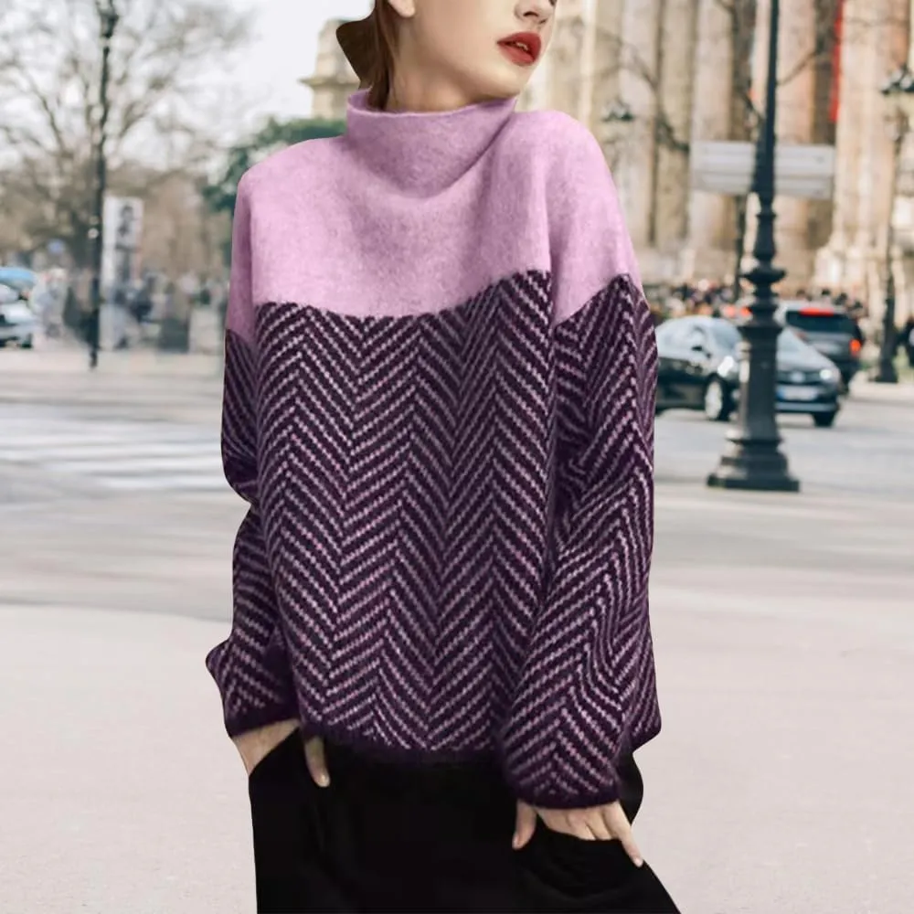 Oversized Sweaters for Womens Turtleneck Long Sleeve Trendy Color Block Sweaters Casual Soft Spring 2025 Pullover Tops