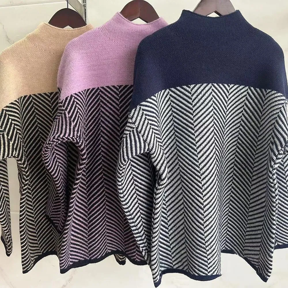 Oversized Sweaters for Womens Turtleneck Long Sleeve Trendy Color Block Sweaters Casual Soft Spring 2025 Pullover Tops