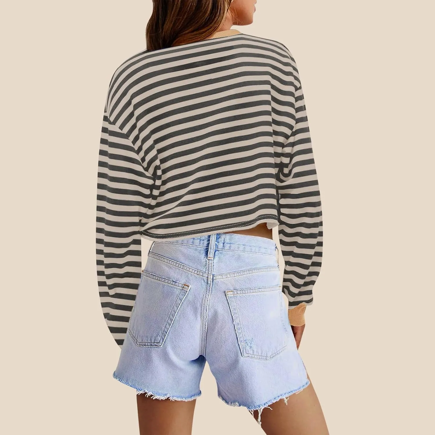 Oversized Sweatshirt for Women Cropped Crewneck Striped Colour Block Pullover Tops Long Sleeve Fleece Top Blouses