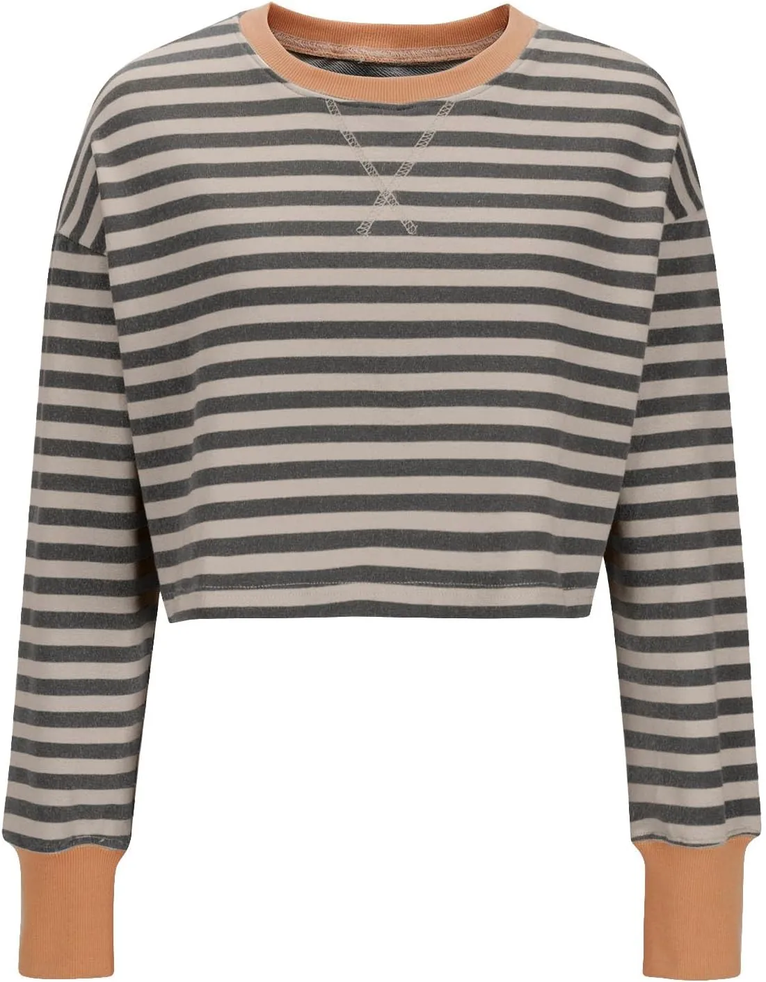 Oversized Sweatshirt for Women Cropped Crewneck Striped Colour Block Pullover Tops Long Sleeve Fleece Top Blouses