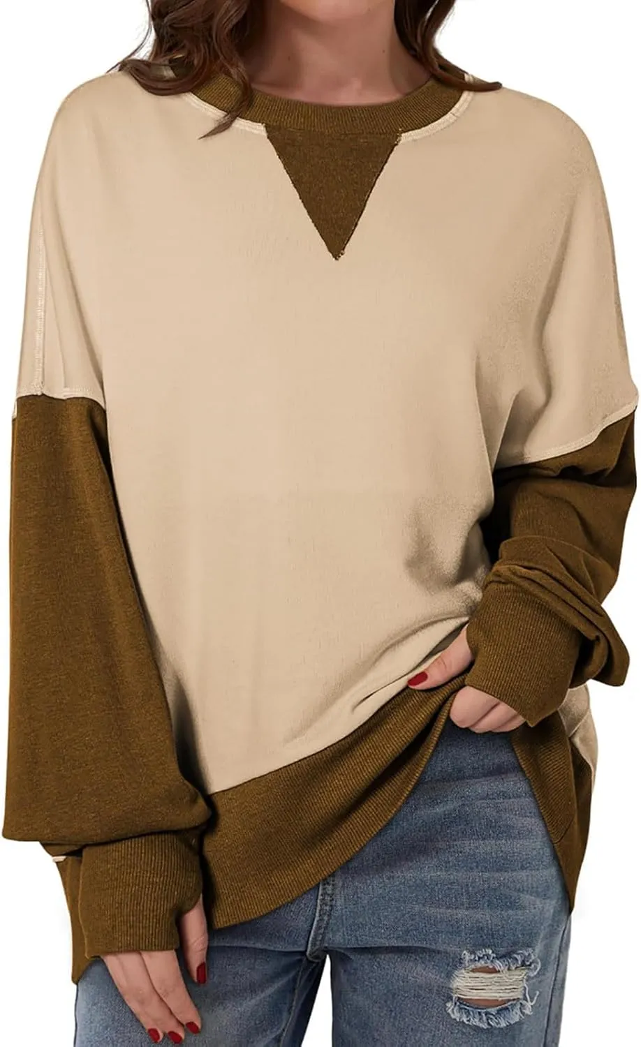 Oversized Sweatshirt for Women Fall Crewneck Splicing Color Tops Long Sleeve Fashion Soft Pullover Sweaters Clothes