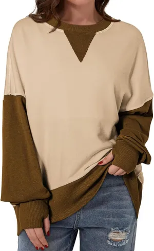 Oversized Sweatshirt for Women Fall Crewneck Splicing Color Tops Long Sleeve Fashion Soft Pullover Sweaters Clothes