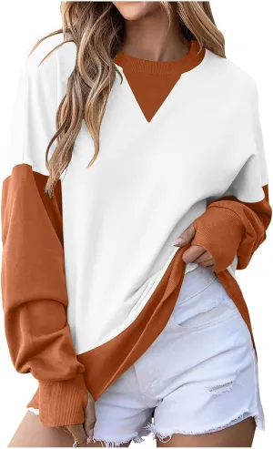 Oversized Sweatshirt for Women Fall Crewneck Splicing Color Tops Long Sleeve Fashion Soft Pullover Sweaters Clothes