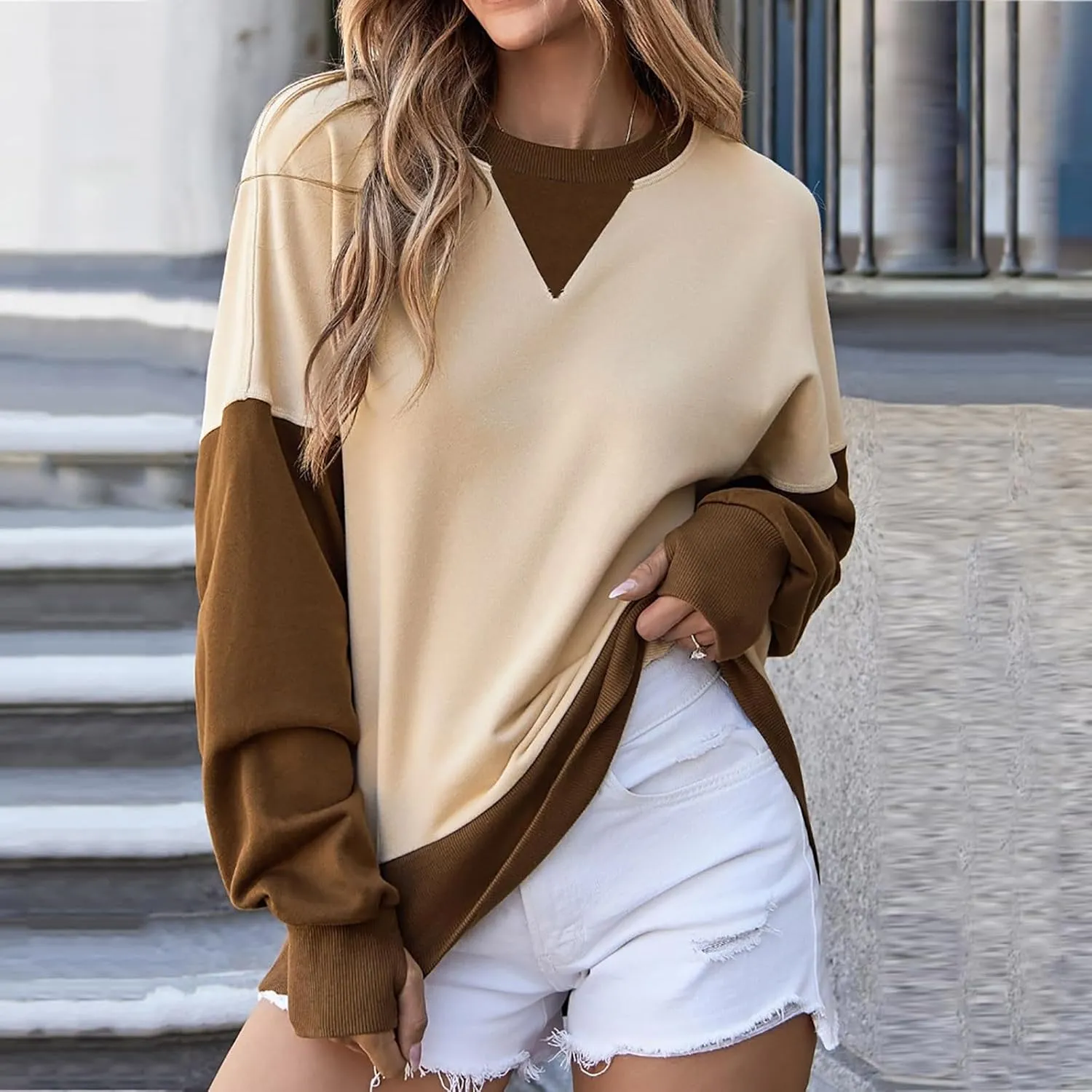 Oversized Sweatshirt for Women Fall Crewneck Splicing Color Tops Long Sleeve Fashion Soft Pullover Sweaters Clothes