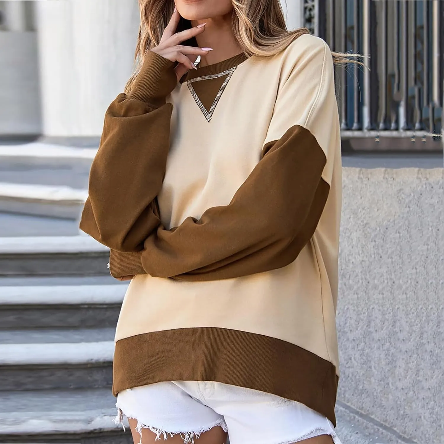 Oversized Sweatshirt for Women Fall Crewneck Splicing Color Tops Long Sleeve Fashion Soft Pullover Sweaters Clothes