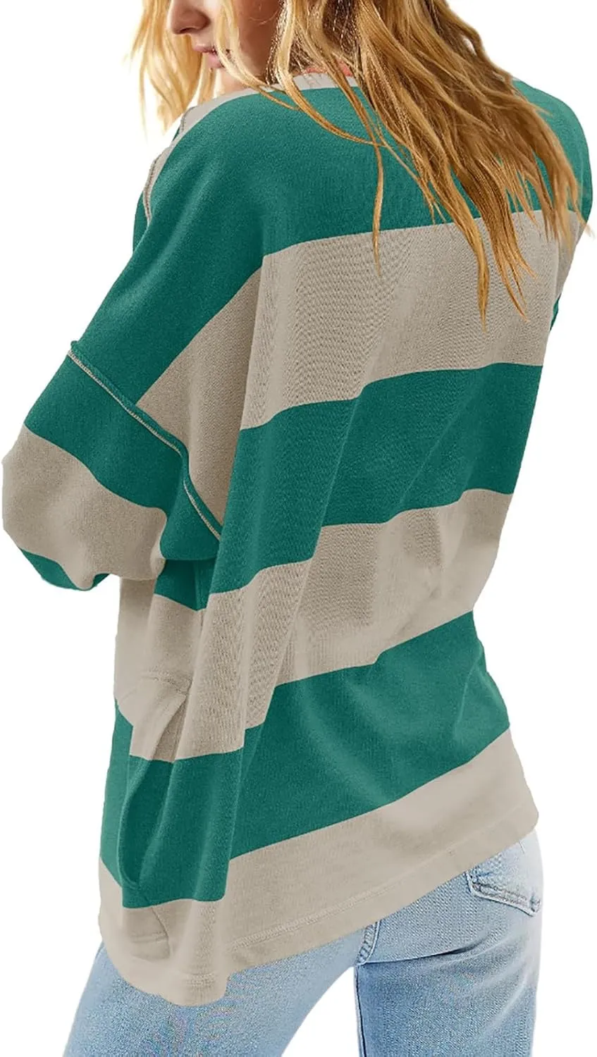 Oversized Sweatshirt Long Sleeve Half Zip Casual Tops for Women V Neck Striped Colour Block 2024 Fashion Fall Sweater