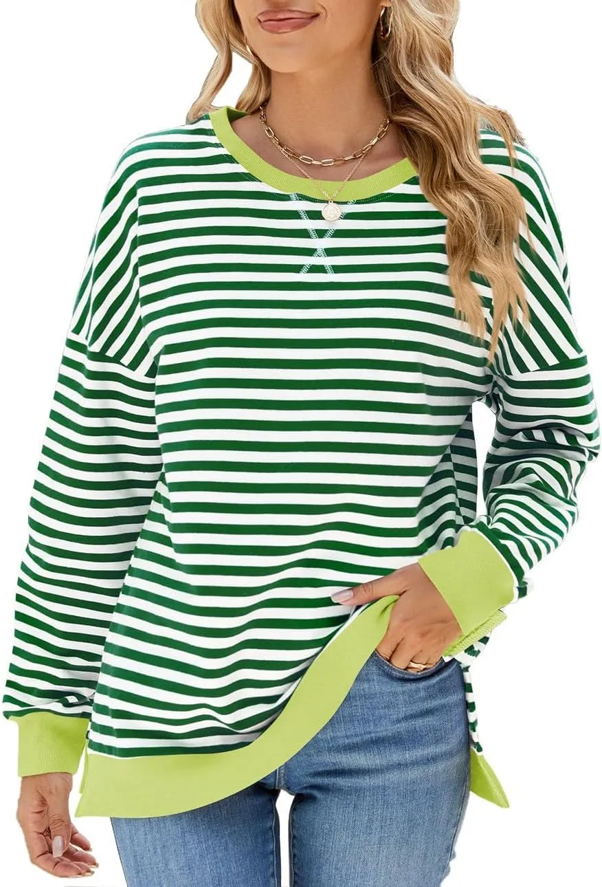 Oversized Sweatshirts For Women Loose Fit 2024 Fall Outfits Crewneck Striped Long Sleeve Shirts Fashion Preppy Top