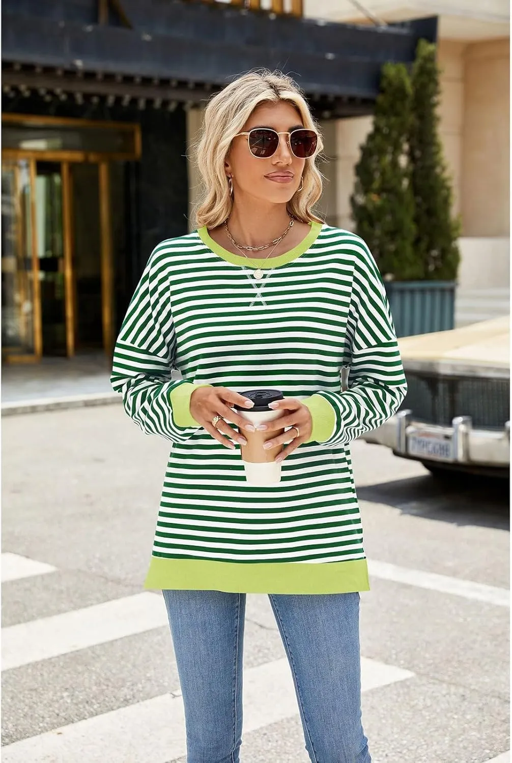 Oversized Sweatshirts For Women Loose Fit 2024 Fall Outfits Crewneck Striped Long Sleeve Shirts Fashion Preppy Top