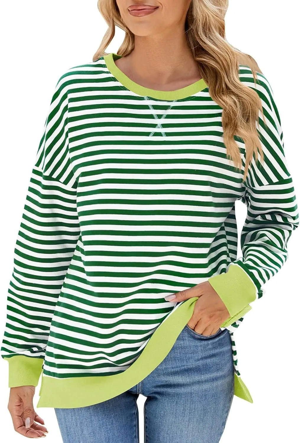 Oversized Sweatshirts For Women Loose Fit 2024 Fall Outfits Crewneck Striped Long Sleeve Shirts Fashion Preppy Top