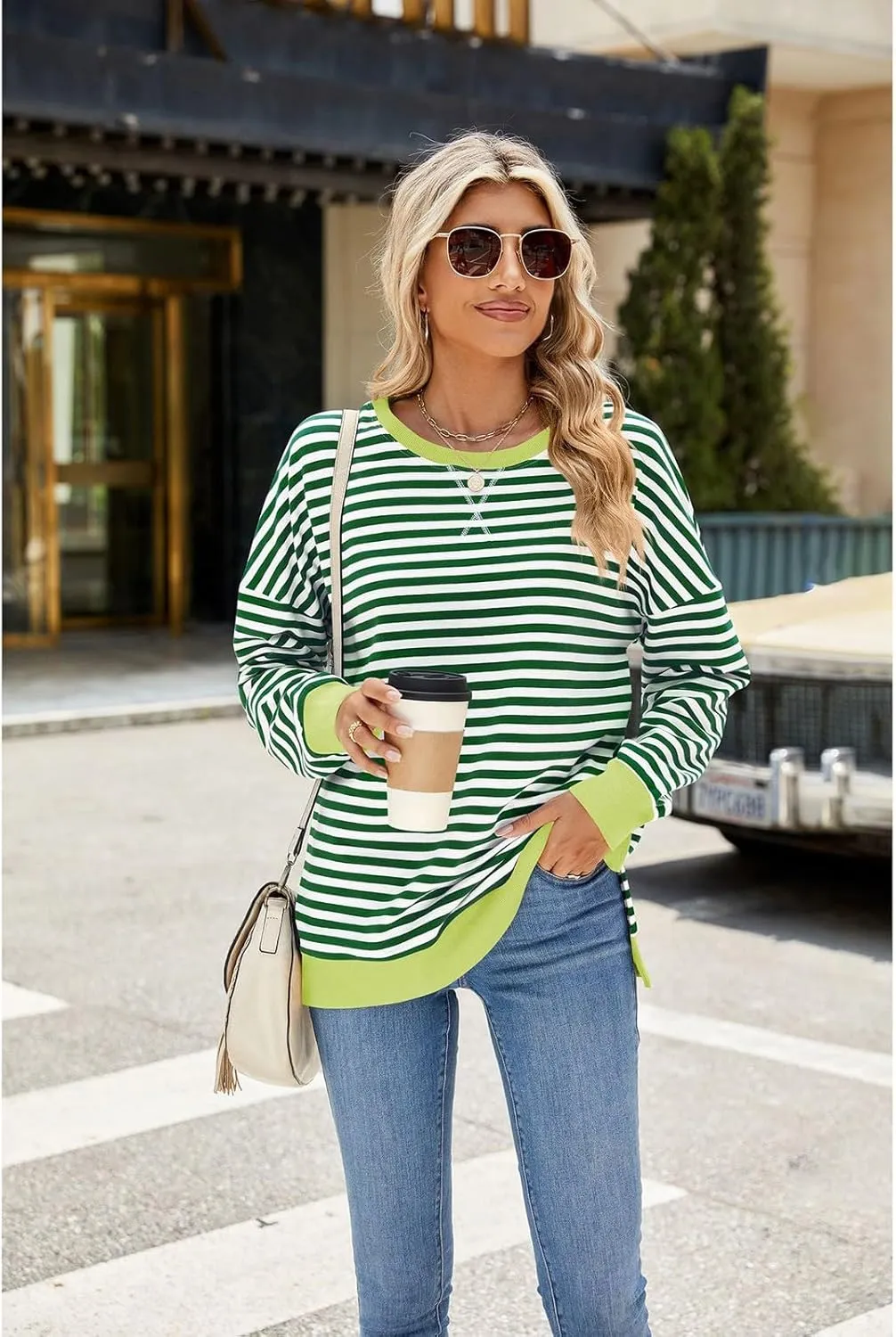 Oversized Sweatshirts For Women Loose Fit 2024 Fall Outfits Crewneck Striped Long Sleeve Shirts Fashion Preppy Top