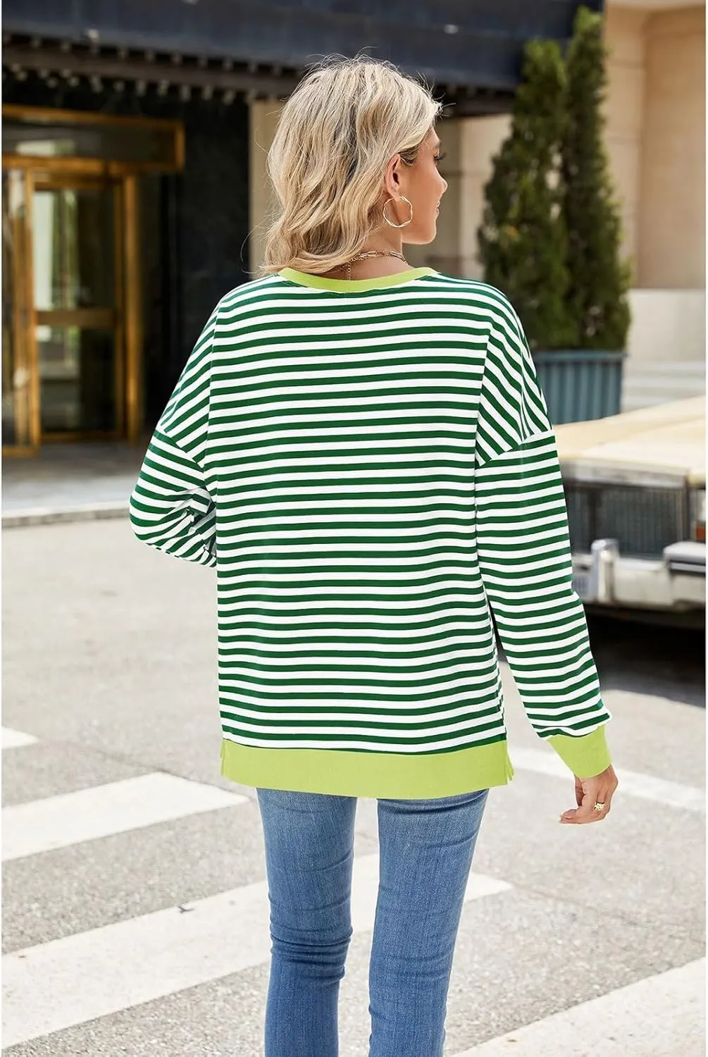 Oversized Sweatshirts For Women Loose Fit 2024 Fall Outfits Crewneck Striped Long Sleeve Shirts Fashion Preppy Top