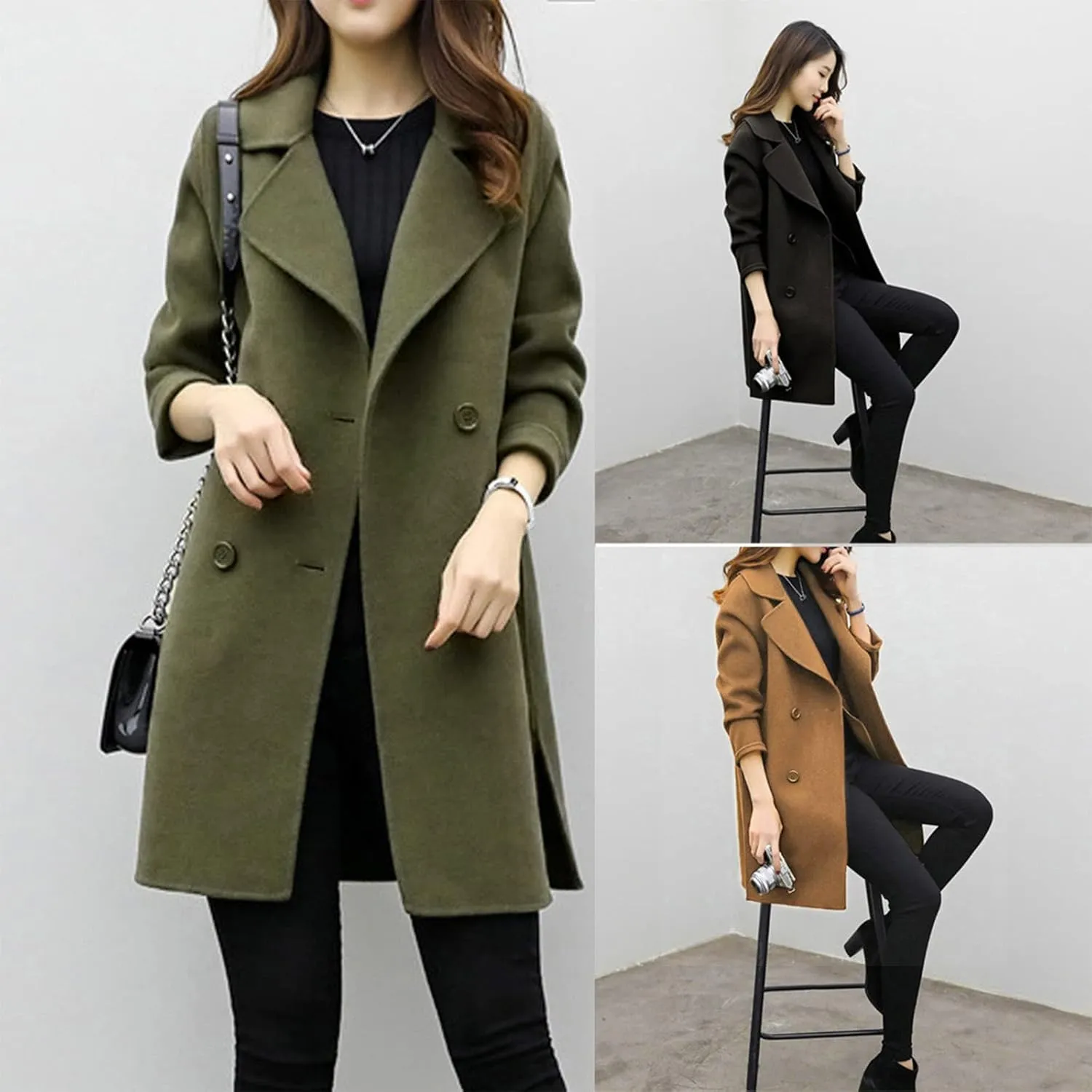 Pea Coats for Women Double Breasted Mid Length Wool Coat Open Front Lapel Overcoat Long Winter Jackets with Pockets