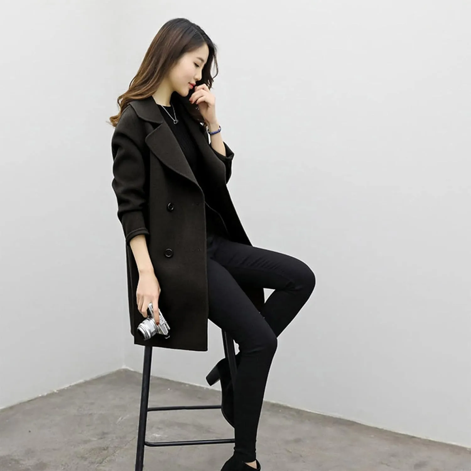 Pea Coats for Women Double Breasted Mid Length Wool Coat Open Front Lapel Overcoat Long Winter Jackets with Pockets