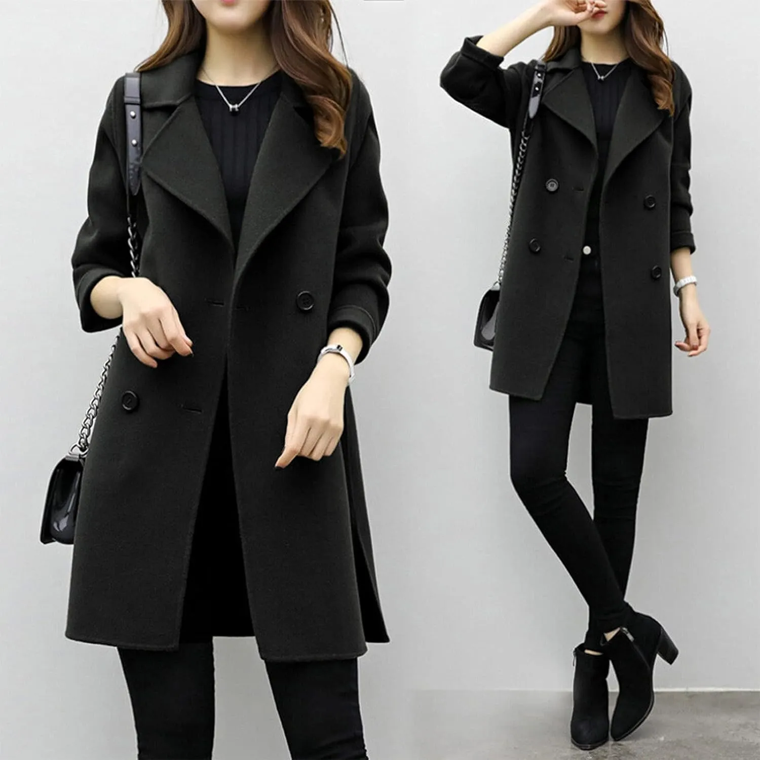 Pea Coats for Women Double Breasted Mid Length Wool Coat Open Front Lapel Overcoat Long Winter Jackets with Pockets