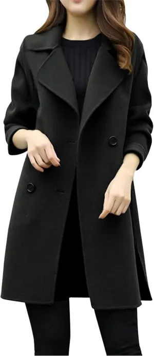 Pea Coats for Women Double Breasted Mid Length Wool Coat Open Front Lapel Overcoat Long Winter Jackets with Pockets
