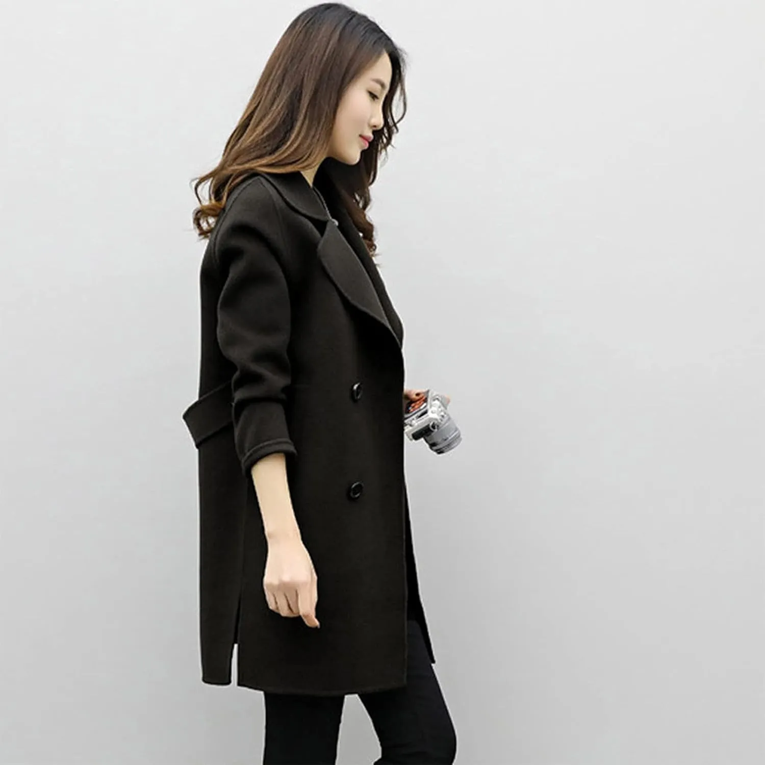 Pea Coats for Women Double Breasted Mid Length Wool Coat Open Front Lapel Overcoat Long Winter Jackets with Pockets