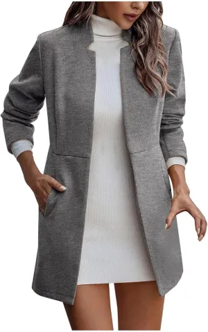 Pea Coats for Women Stand Collar Open Front Trench Coat Casual Winter Warm Mid Long Cardigan Overcoat