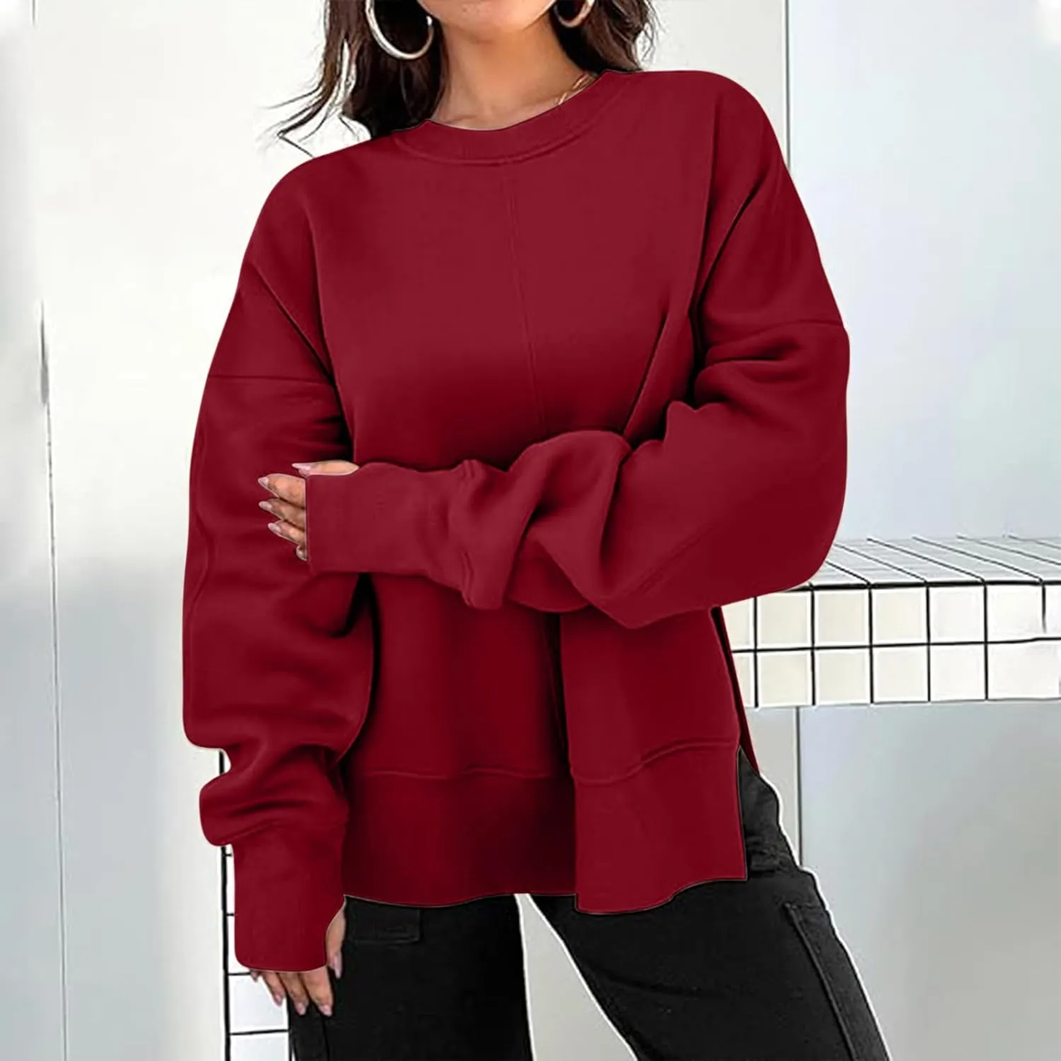 Preppy Sweatshirt For Women Long Sleeve Side Slits Crewneck Tunic Top Casual Fall Soft Pullover Clothes Fashion 2024