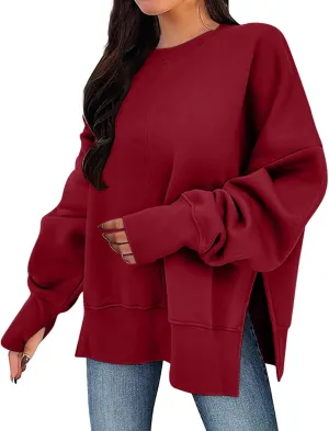 Preppy Sweatshirt For Women Long Sleeve Side Slits Crewneck Tunic Top Casual Fall Soft Pullover Clothes Fashion 2024