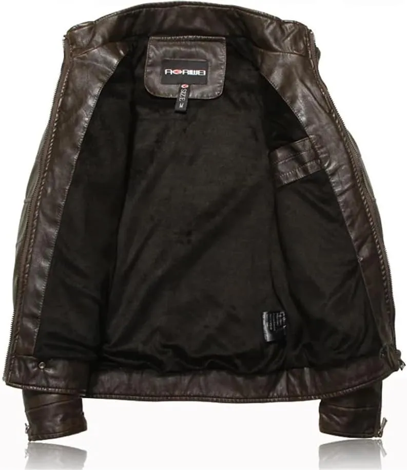 Pulcykp Men Moto Biker Riding Fleece Leather Jacket Coat Winter Warm Motorcycle Thicken Leather Coat