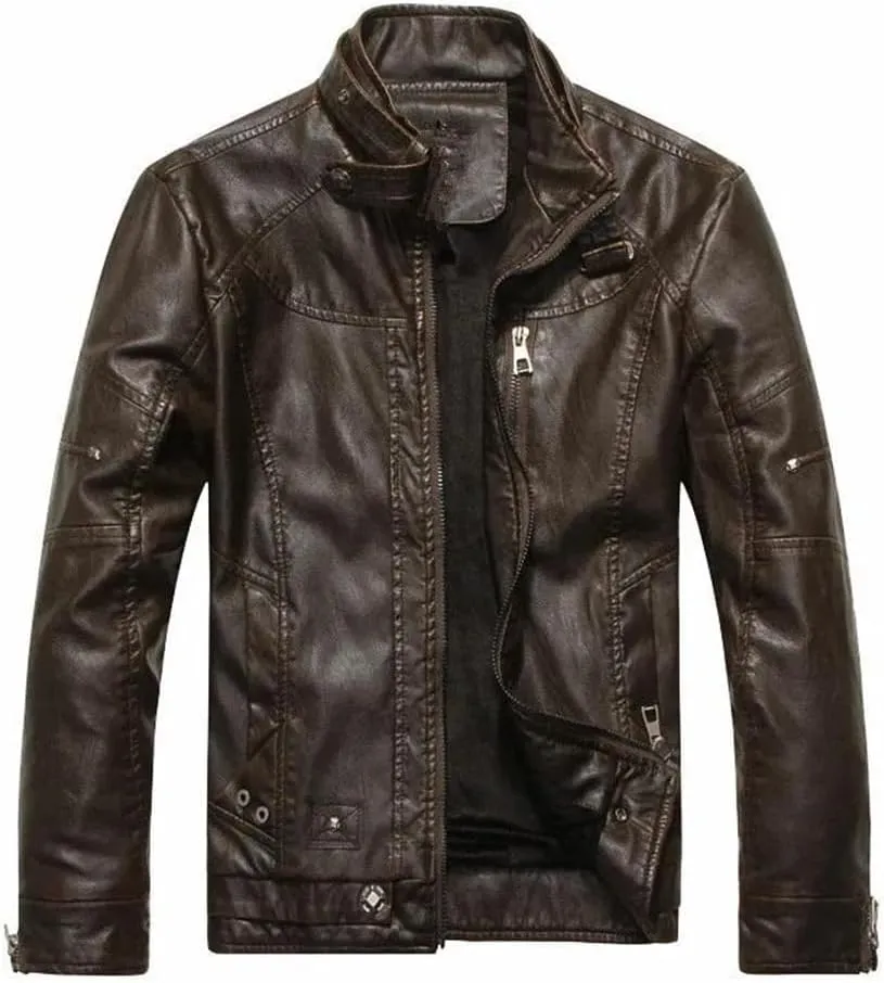 Pulcykp Men Moto Biker Riding Fleece Leather Jacket Coat Winter Warm Motorcycle Thicken Leather Coat