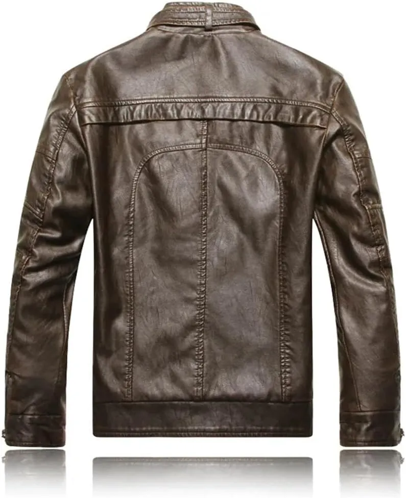 Pulcykp Men Moto Biker Riding Fleece Leather Jacket Coat Winter Warm Motorcycle Thicken Leather Coat