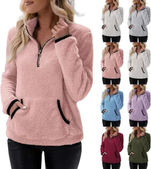 Quarter Zip Pullover Women Sherpa Fleece Hoodie Cropped Half Zip Sweatshirt with Pocket Cozy Soft Fluffy Sweaters