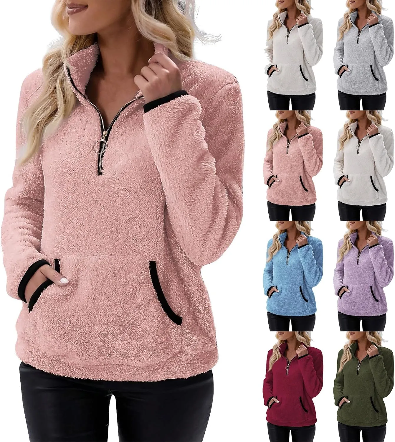 Quarter Zip Pullover Women Sherpa Fleece Hoodie Cropped Half Zip Sweatshirt with Pocket Cozy Soft Fluffy Sweaters