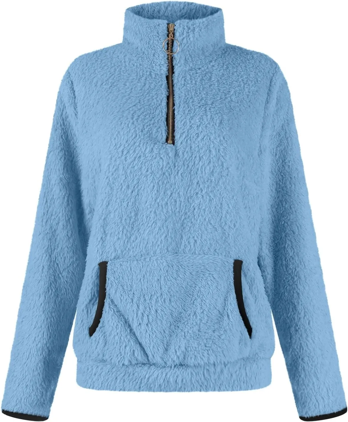 Quarter Zip Pullover Women Sherpa Fleece Hoodie Cropped Half Zip Sweatshirt with Pocket Cozy Soft Fluffy Sweaters