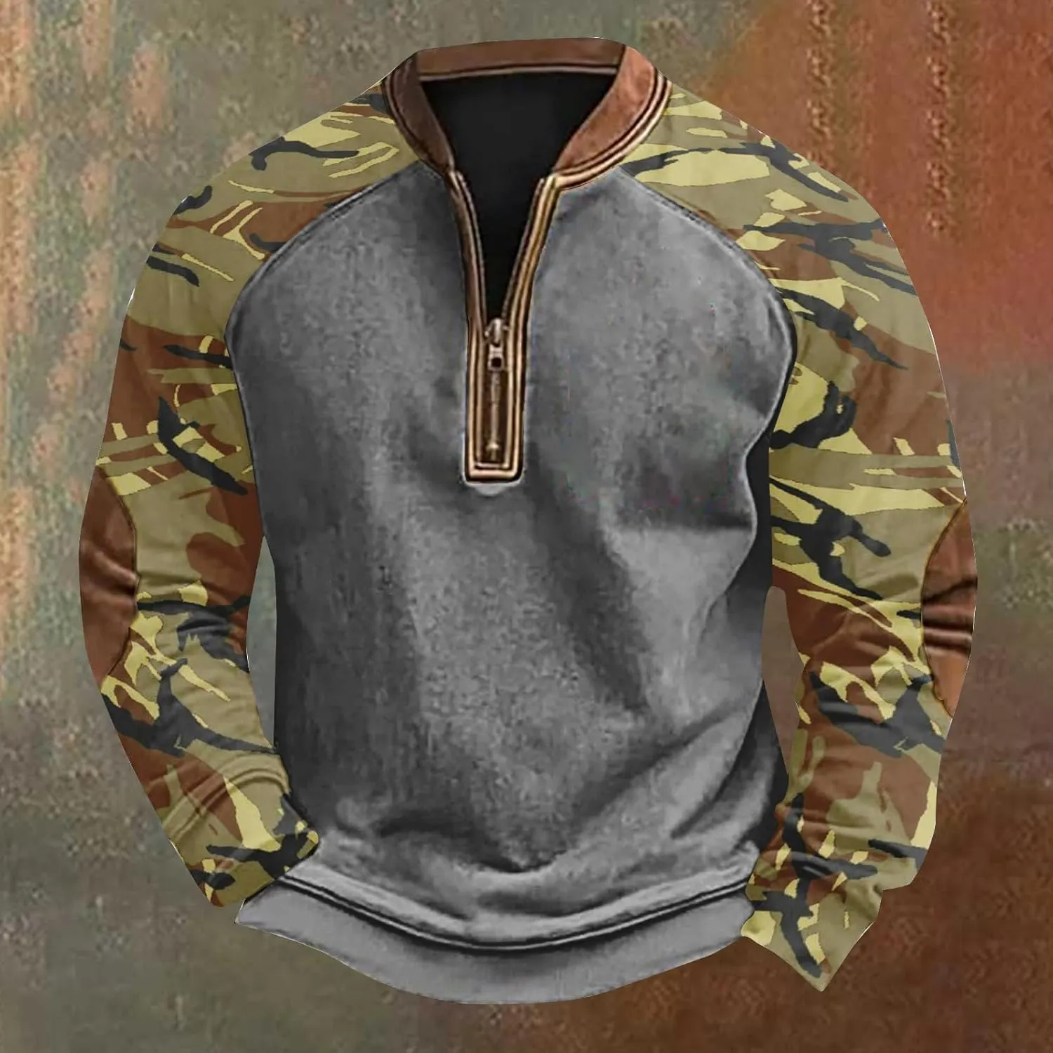 QWENTMTNTY Camo Sweatshirt for Men Crewneck Camouflage Western Light Weight Big and Tall Zip Cool Vintage Pullover Shirts
