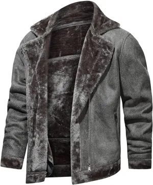 QWENTMTNTY Leather Jacket Men Sherpa Fleece Zip Up Lapel Winter Bomber Jackets Big and Tall Heavyweight Thicken Warm Coats
